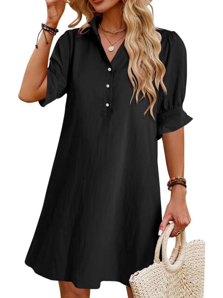Women's Button Down Black Ruffle Sleeve Shift Summer Mini Dresses With Pockets
